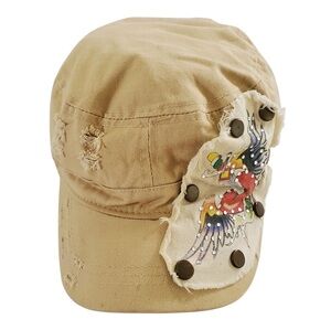 AC01 * American Tattoo Wear Distressed Embroidered Studded Skull Cap Tan